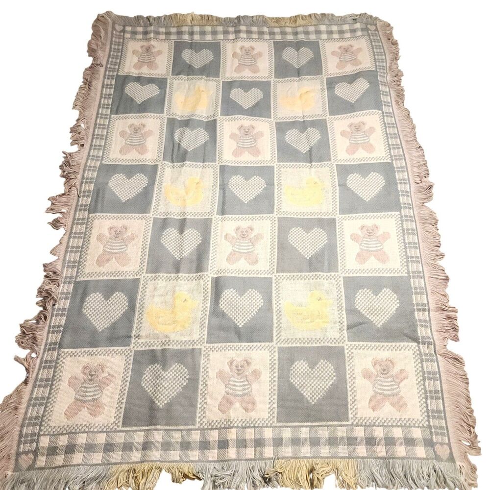 American Weavers Jaquard Throw Blanket Blue White Check Hearts & Bears 36"x50"